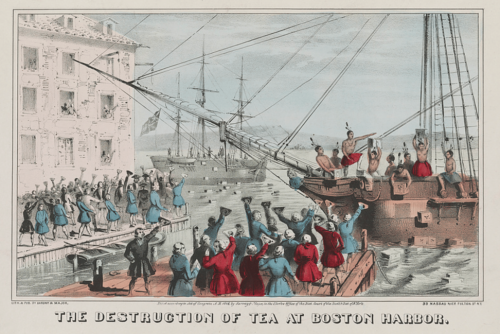 Postcard depicting the Tea Party at Boston Harbor